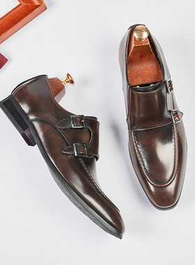 2025新款英伦风尖头双扣孟克僧侣鞋士商务正装皮鞋真皮伴郎婚礼鞋