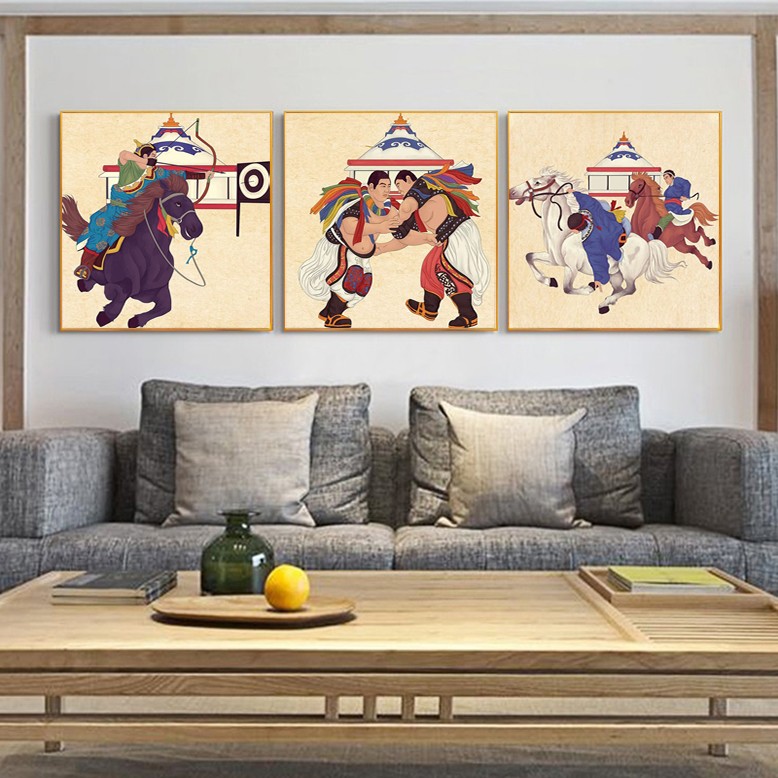 现代少数民族饭店挂画餐厅墙面装饰画内蒙古特色文化沙发背景墙画图片