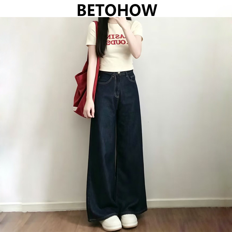 BETOHOW美式复古深蓝阔腿牛仔裤女丹宁原色加绒直筒微喇裤小个子