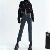 法棍加绒小个子九分烟管裤 蓝灰直筒牛仔裤 女高腰2025年新款 子薄绒