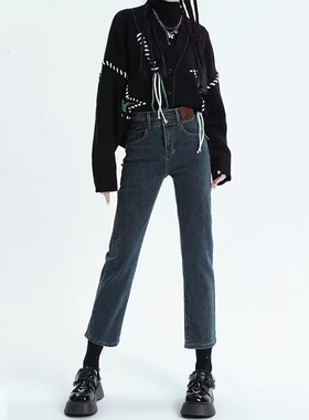 蓝灰直筒牛仔裤女高腰2025年新款法棍加绒小个子九分烟管裤子薄绒