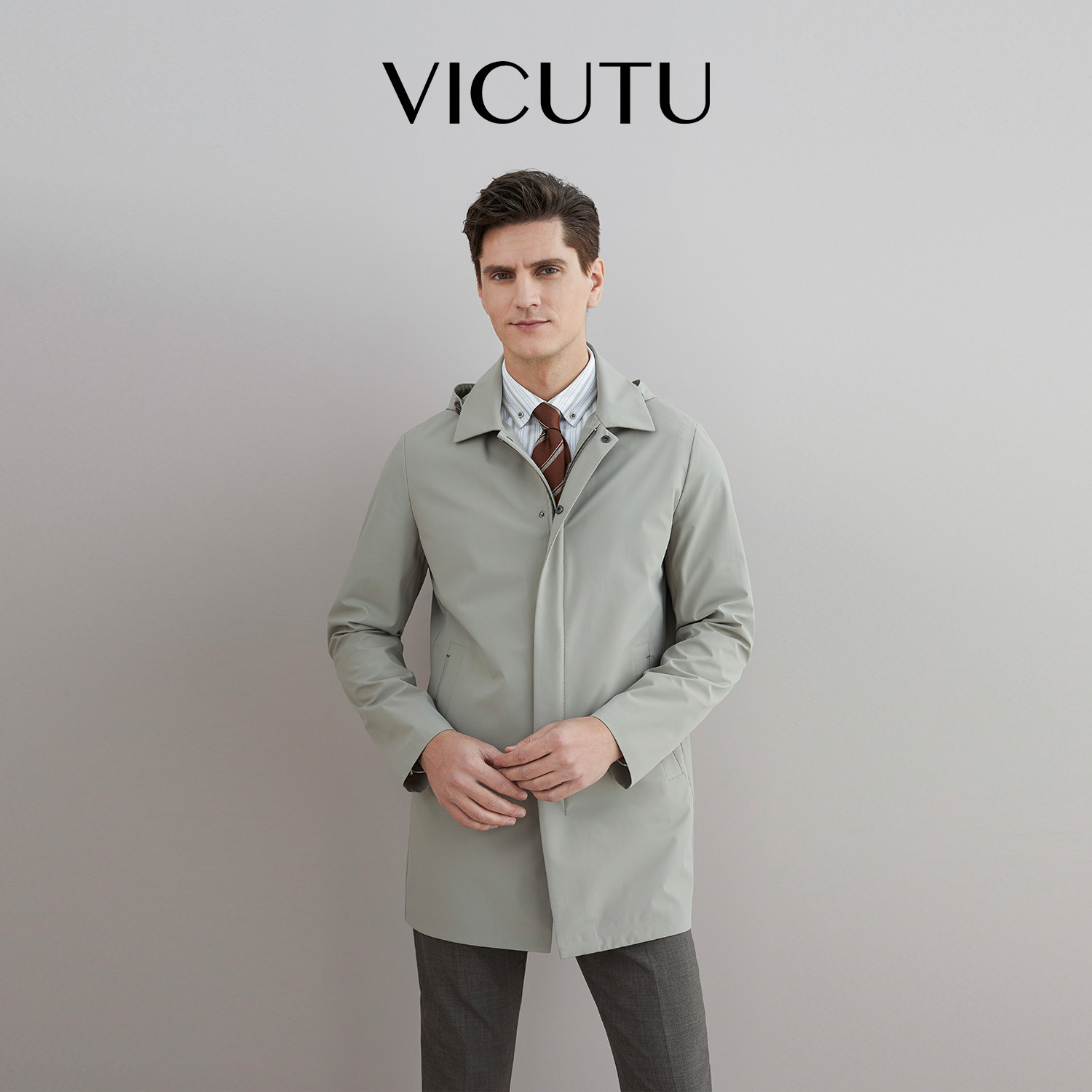 VICUTU/威可多男风衣中长款春秋连帽休闲灰色差旅外套