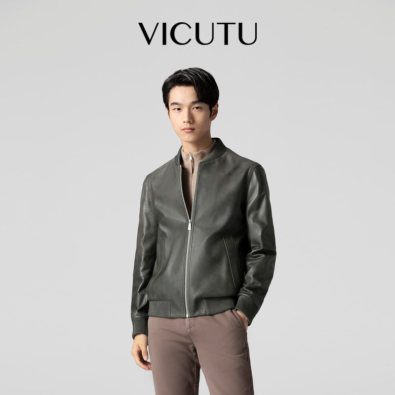 VICUTU威可多男士皮衣秋季羊皮革休闲飞行夹克时尚棒球领机车服