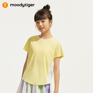 moodytiger女童短袖 圆领撞色拼接宽松透气运动衫 个性 T恤24夏新款