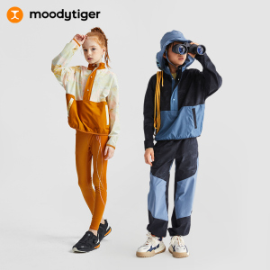 moodytiger儿童套装春秋款男女童户外运动裤长裤撞色外套防风衣