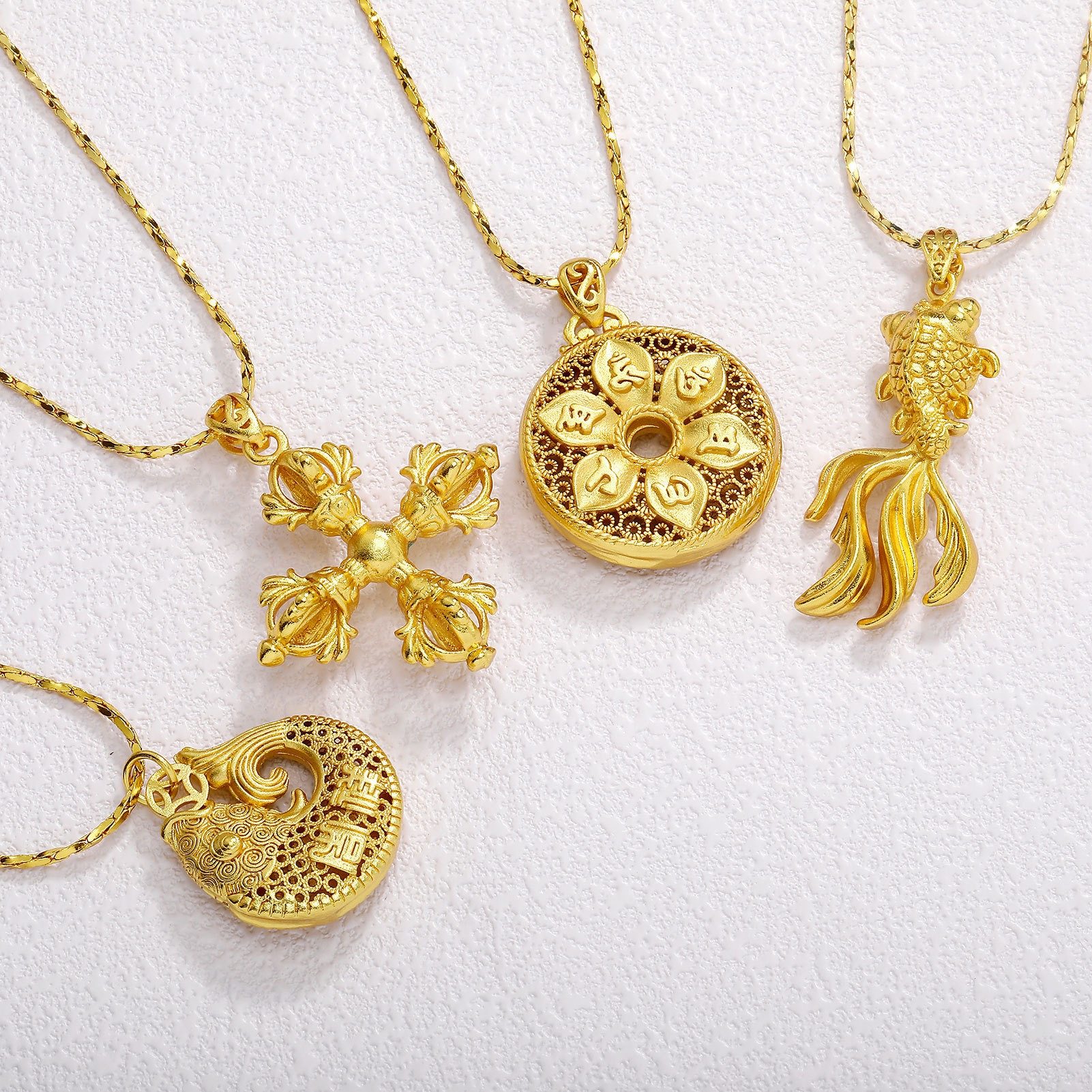 民族风古法六字镂空平安扣吊坠项链沙金富贵吉祥鱼吊坠金刚杵