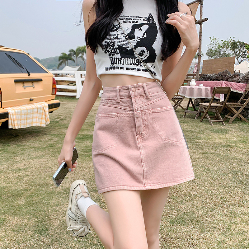 2025最新款女夏辣妹高腰牛仔短裙薄款粉色裙裤A字裤裙包臀半身裙