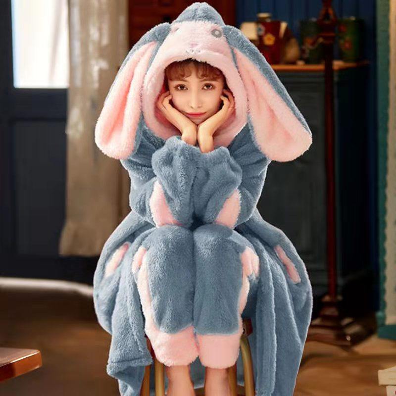 睡衣女秋冬季珊瑚绒加厚加绒长款睡袍可爱卡通法兰绒可外穿家居服