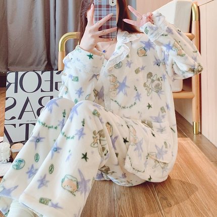 珊瑚绒睡衣女秋冬季加厚加绒少女甜美可爱卡通法兰绒家居服套装