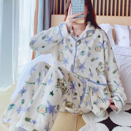 法兰绒睡衣女秋冬季加厚加绒少女甜美可爱卡通珊瑚绒家居服套装