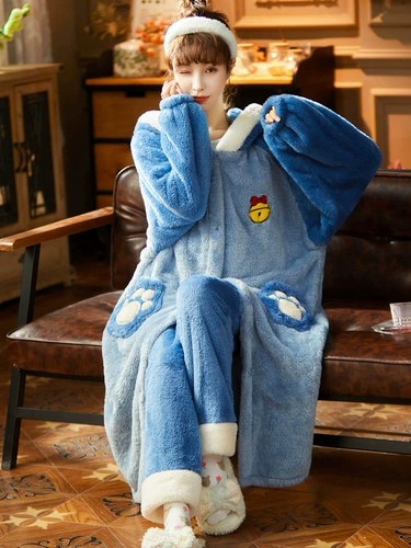 Зимняя коралловая бархатная флисовая пижама, милый фланелевый демисезонный длинный банный халат для школьников, комплект, увеличенная толщина