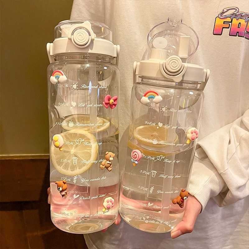 超大容量双饮系吸管夏季运动水杯高颜值可爱提手便携学生喝水杯子