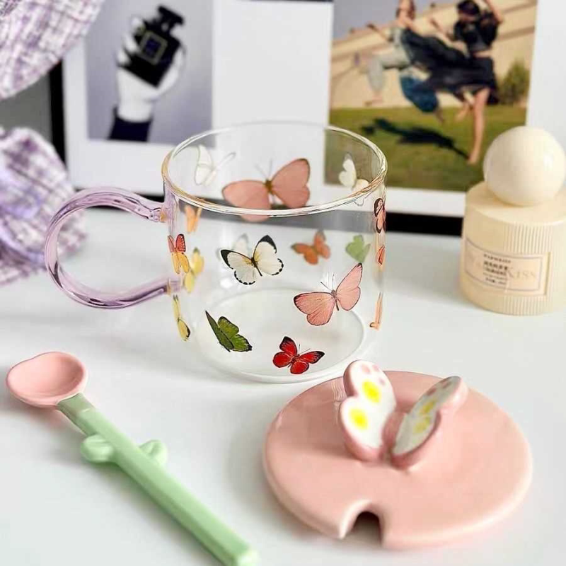 蝴蝶玻璃杯高颜值透明办公室高硼硅杯女生家用高颜值耐热早餐带盖