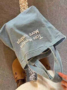 韩系博主原创设计水洗刺绣牛仔布包百搭通勤复古美式 单肩手提托特