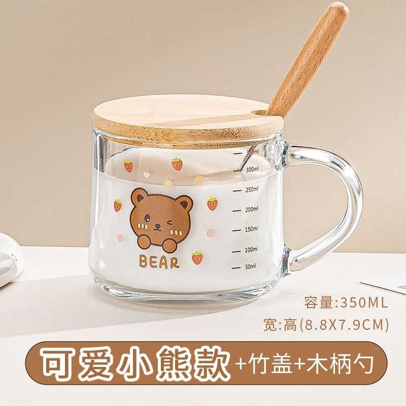 刻度儿童牛奶杯玻璃杯带盖ins卡通吸管杯耐高温防烫宿舍办公家用