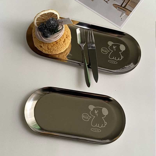 韩式ins风不锈钢椭圆盘直边圆餐盘蛋糕甜品咖啡西餐盘置物托盘子