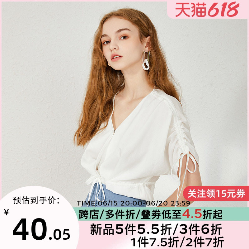 DOOC雪纺衫女2023夏季新款V领褶皱拉绳法式收腰不规则设计感上衣