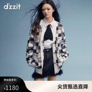 dzzit地素奥莱针织开衫23秋专柜新款流苏边黑白格纹落肩宽松毛衫