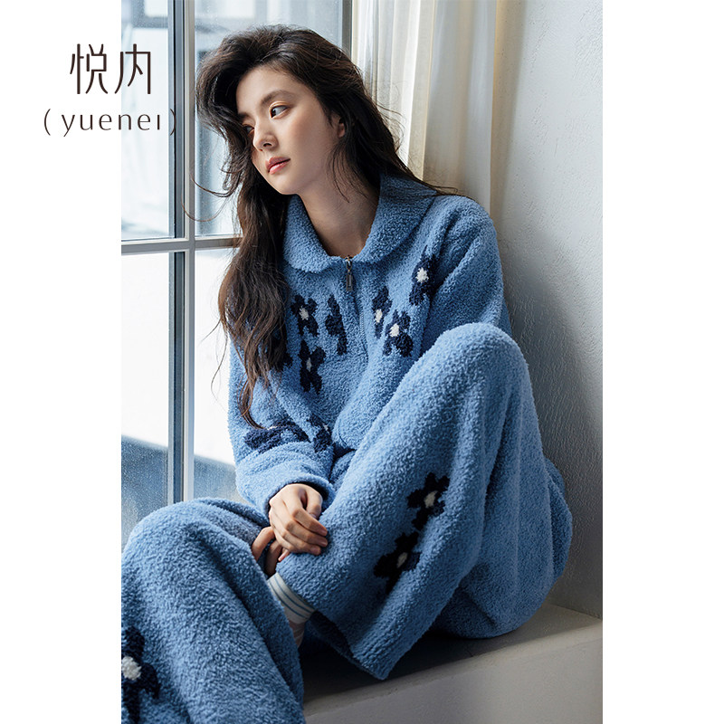 悦内半边绒睡衣女款冬季冬天珊瑚绒软绵绵保暖家居服时尚休闲开衫
