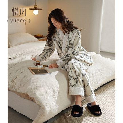 悦内睡衣女秋冬季冬款法兰绒加绒加厚珊瑚绒家居服和服新中式国风