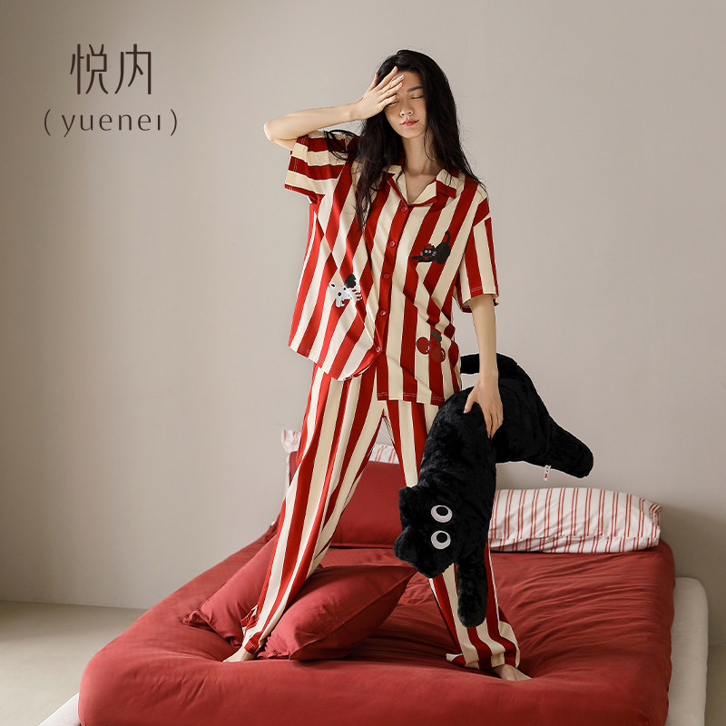 悦内带胸垫睡衣女款夏季夏天纯棉短袖长裤家居服时尚大红色本命年,女士内衣/男士内衣/家居服,睡衣/家居服套装,淘宝优惠券,粉丝福利购,淘宝优惠卷