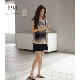 夏季 背心短裤 悦内带胸垫一体睡衣女款 纯棉无袖 家居服夏款 条纹套装