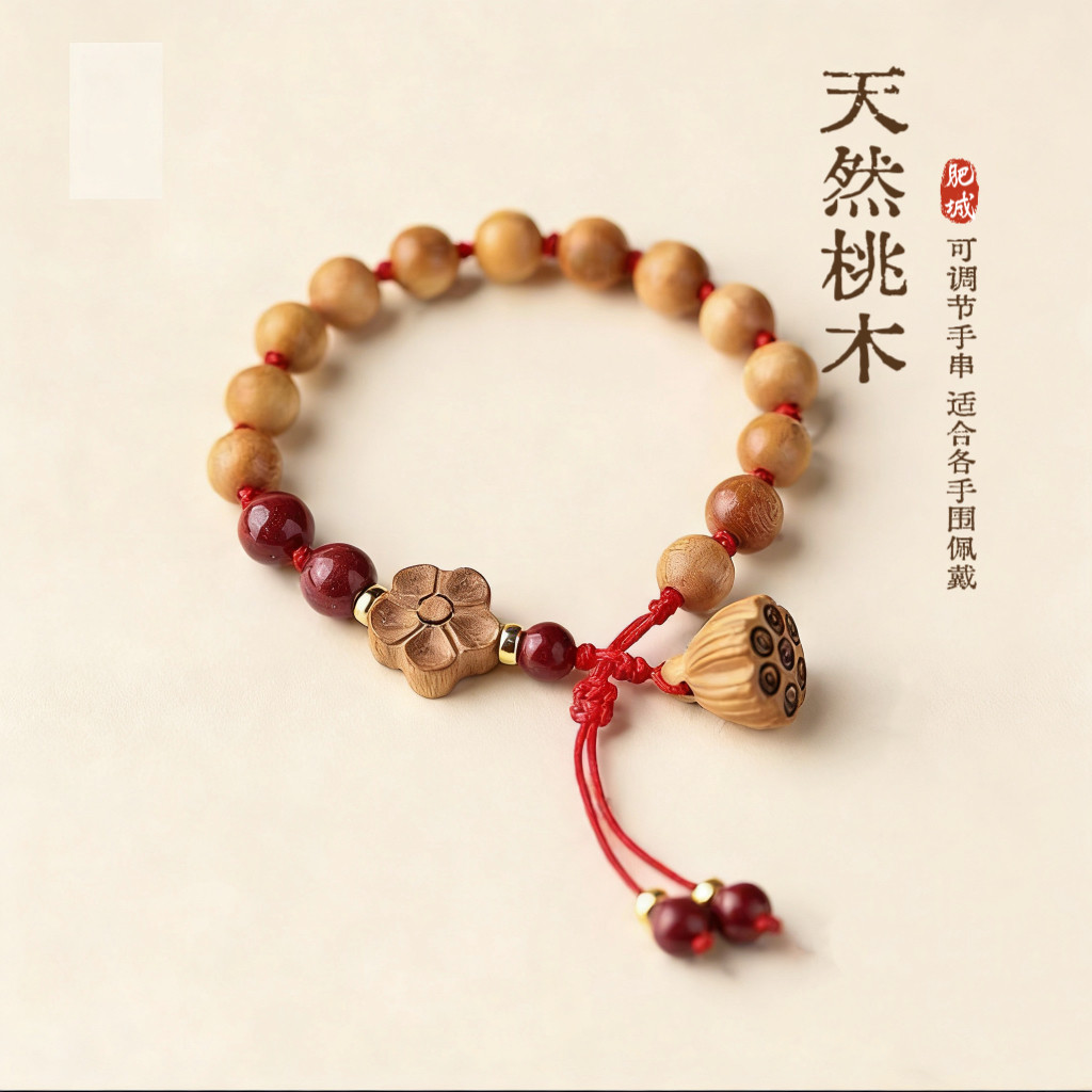 天然桃木手串莲蓬手链男女可调节百搭手绳复古新中式国风梅花饰品