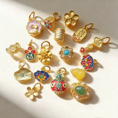 925镀老古法金工艺周家品质黄吊坠手链diy隔珠配件 莲蓬如意梅花