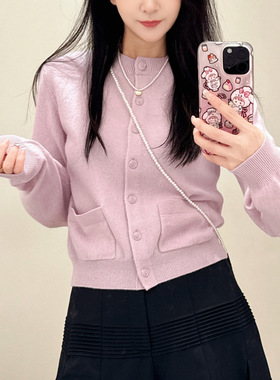 25年秋季羊毛混纺长袖针织开衫圆领长袖薄款修身小开衫毛衣女外套