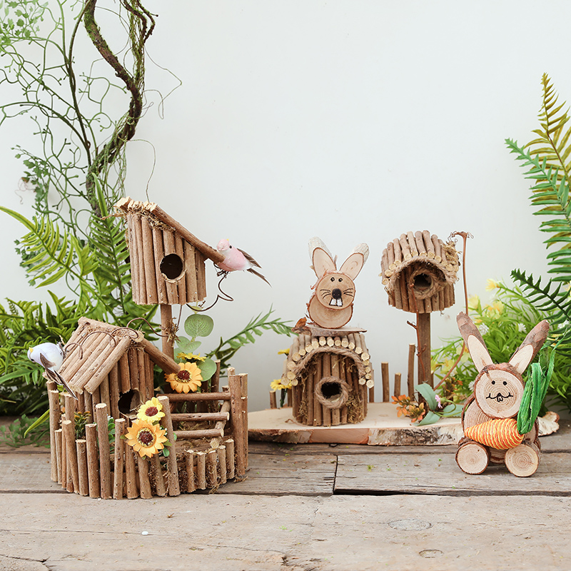 幼儿园花园造景装饰仿真小房子家居摆件木制田园风创意手工树枝屋