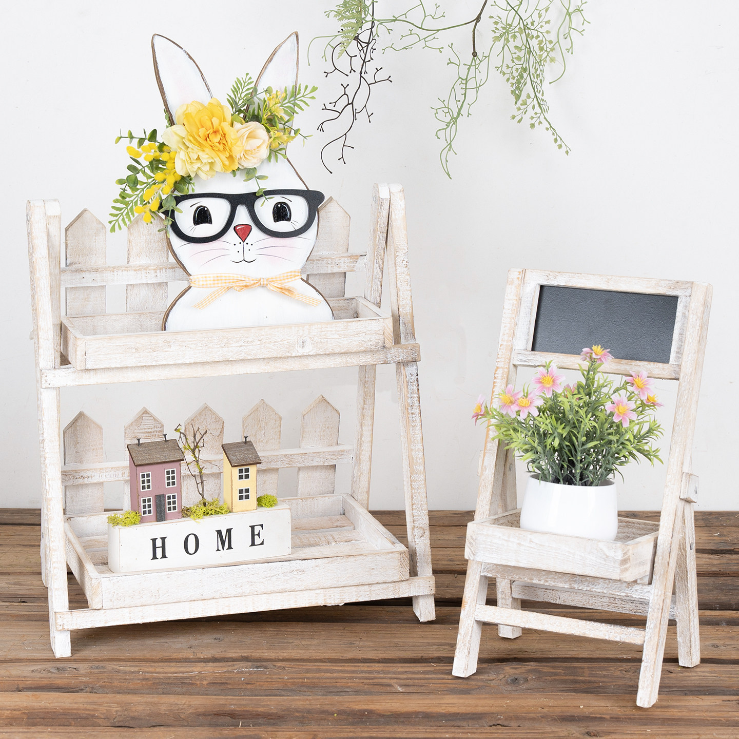 桌面白色双层木质收纳置物多肉植物花架田园复古家居装饰庭院摆件