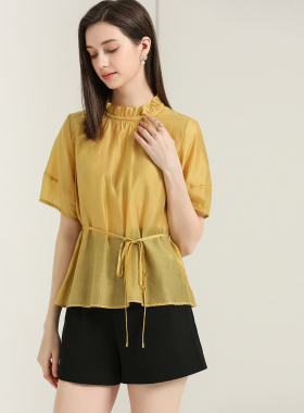 DONEED夏款简约休闲气质木耳立领设计感百搭短袖衬衫上衣