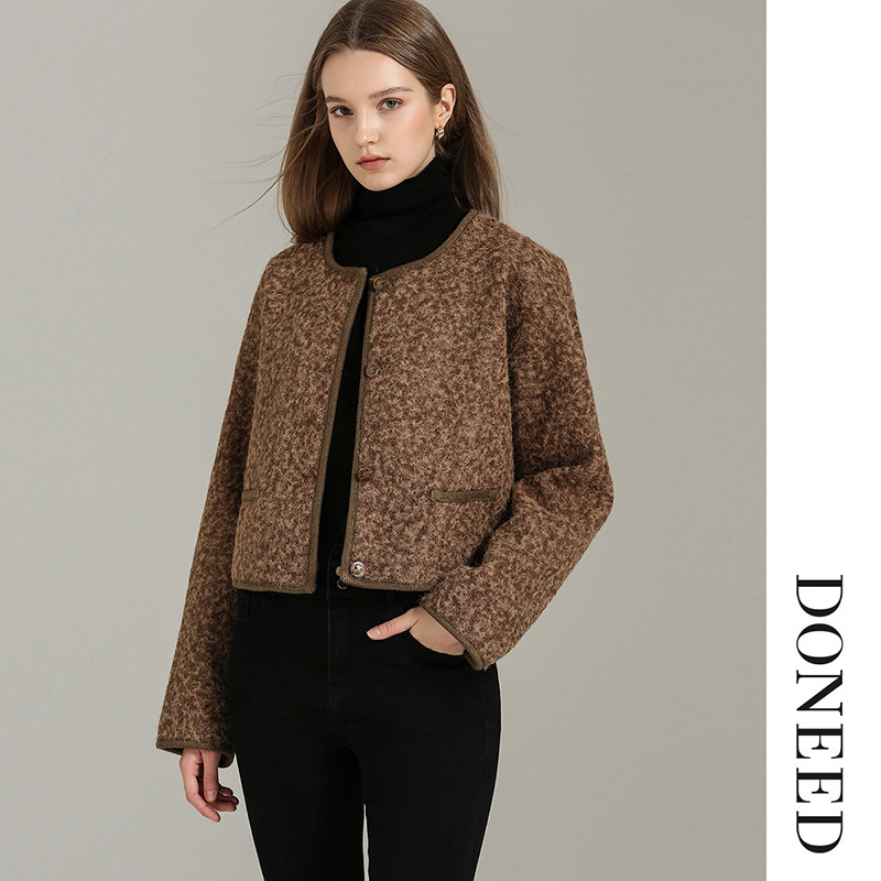 DONEED春款时尚通勤圆领直筒针织双色花呢短款小香风外套女