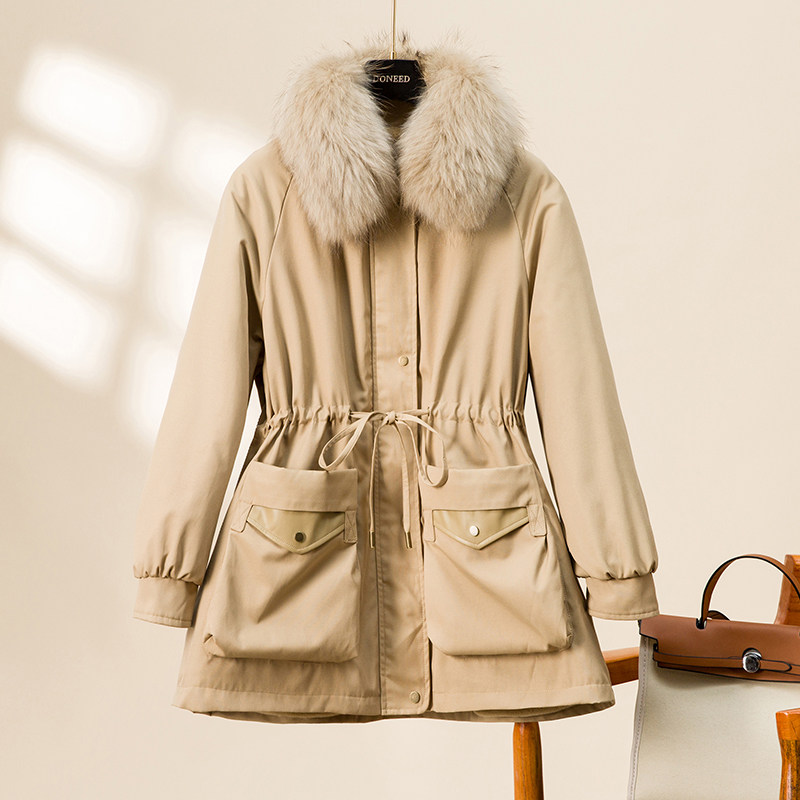 DONEED2025 秋款时尚休闲可拆卸貉子毛领收腰显瘦加绒内里派克服,女装/女士精品,短外套,淘宝优惠券,粉丝福利购,淘宝优惠卷