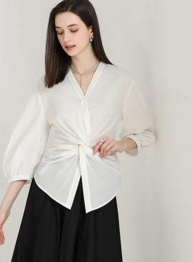 DONEED【纯棉】春夏款优雅通勤设计感扭结V领七分袖气质衬衫女