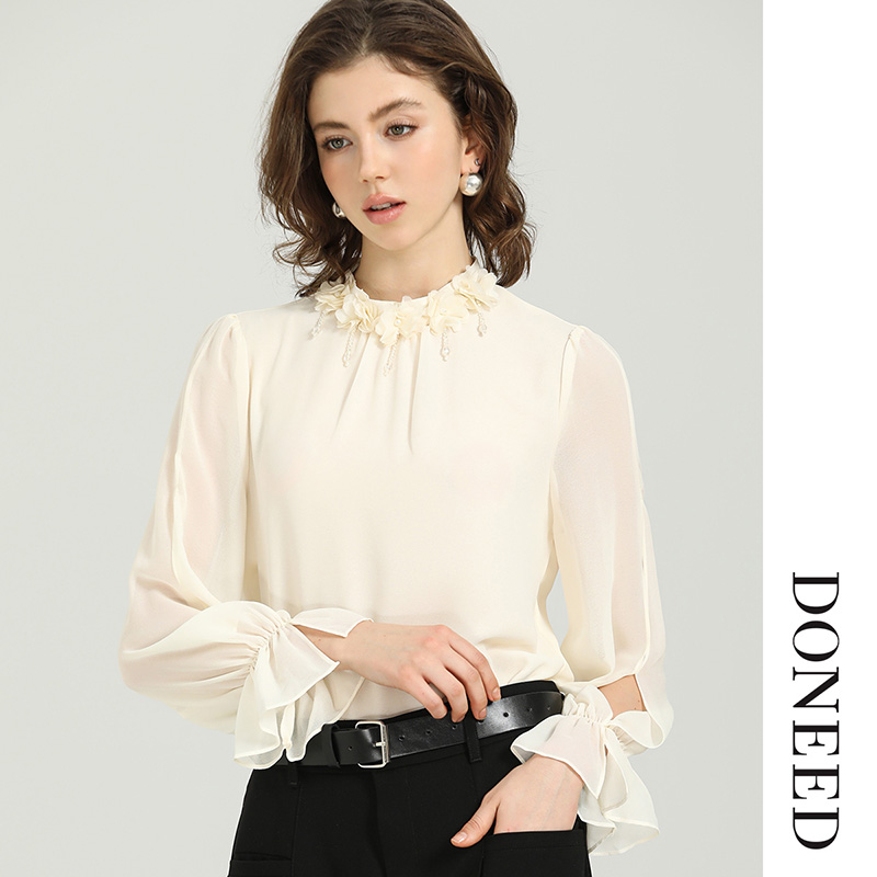 时尚通勤钉珠花朵装饰镂空袖衬衫