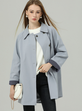 DONEED春款时尚高级翻领气质中长款外套撞色翻折袖风衣外套女