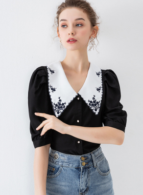 DONEED夏款法式甜美刺绣翻领设计感复古通勤短袖女衬衫上衣