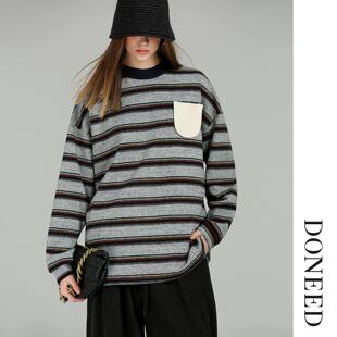 DONEED2025冬季新款条纹长袖卫衣宽松显瘦慵懒风T恤百搭上衣女