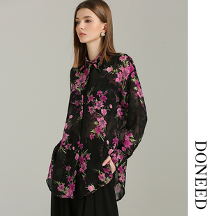 DONEED春秋装款繁花复古风印花叠加提花长袖宽松轻薄雪纺衬衫女