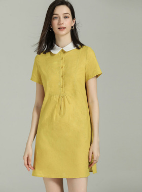 DONEED夏款简约学院风文艺复古衬衫式拼接设计感短袖连衣裙女