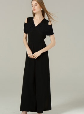 DONEED春夏款优雅赫本风撞色拼接落肩V领收腰显瘦连体裤女