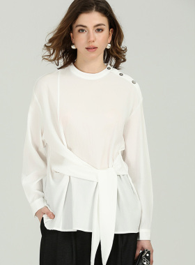 DONEED春款简约设计感不规则系带纯色百搭长袖衬衫上衣女