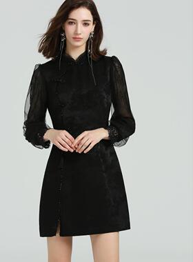 DONEED春季新款拼接蕾丝新中式旗袍气质连衣裙