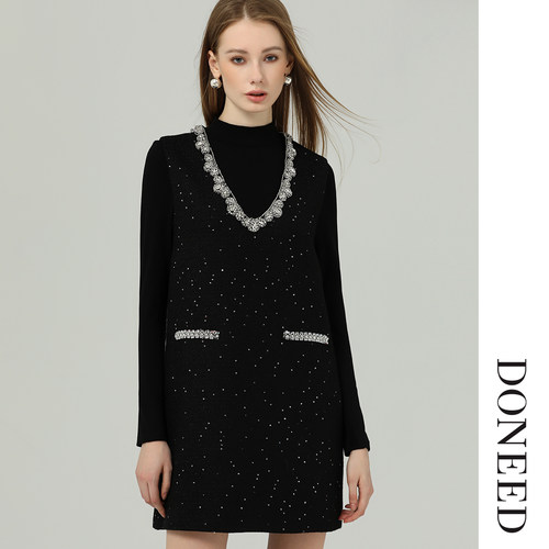 钉钻亮片小香风背心连衣裙套装