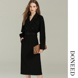 DONEED秋款干练通勤翻驳领配腰带中长款显瘦气质风衣式连衣裙女