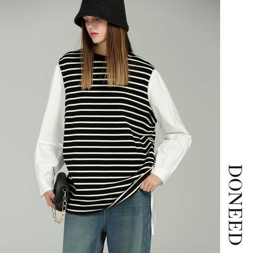 条纹拼接卫衣宽松显瘦休闲圆领