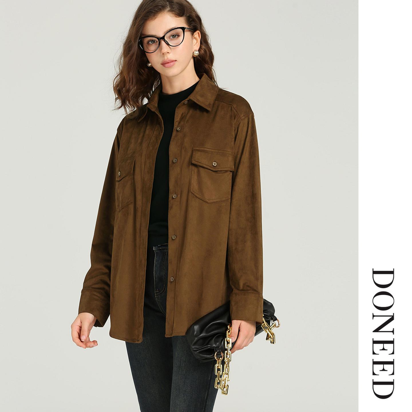 仿麂皮绒单排扣衬衫女