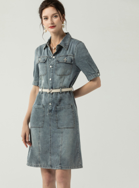 DONEED夏款港风复古配腰带翻领设计感短袖显瘦牛仔连衣裙女
