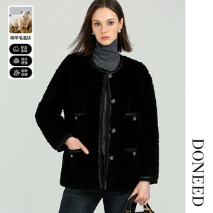 DONEED春款摩登气质仿皮毛一体羊羔毛黑色圆领极简设计外套女